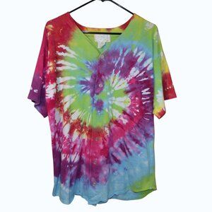 Rainbow Spiral Tie-dye Pattern Summer Vacation Beachy Button Down Top